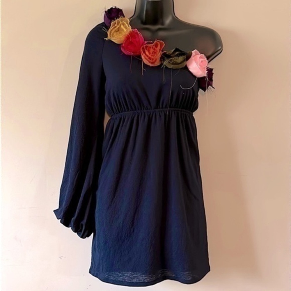 Judith March navy cold shoulder floral neck dress small EUC